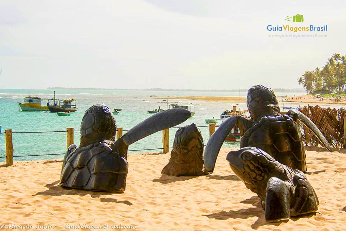 Imagem de esculturas de enormes tartarugas saindo da areia na Praia do Forte.